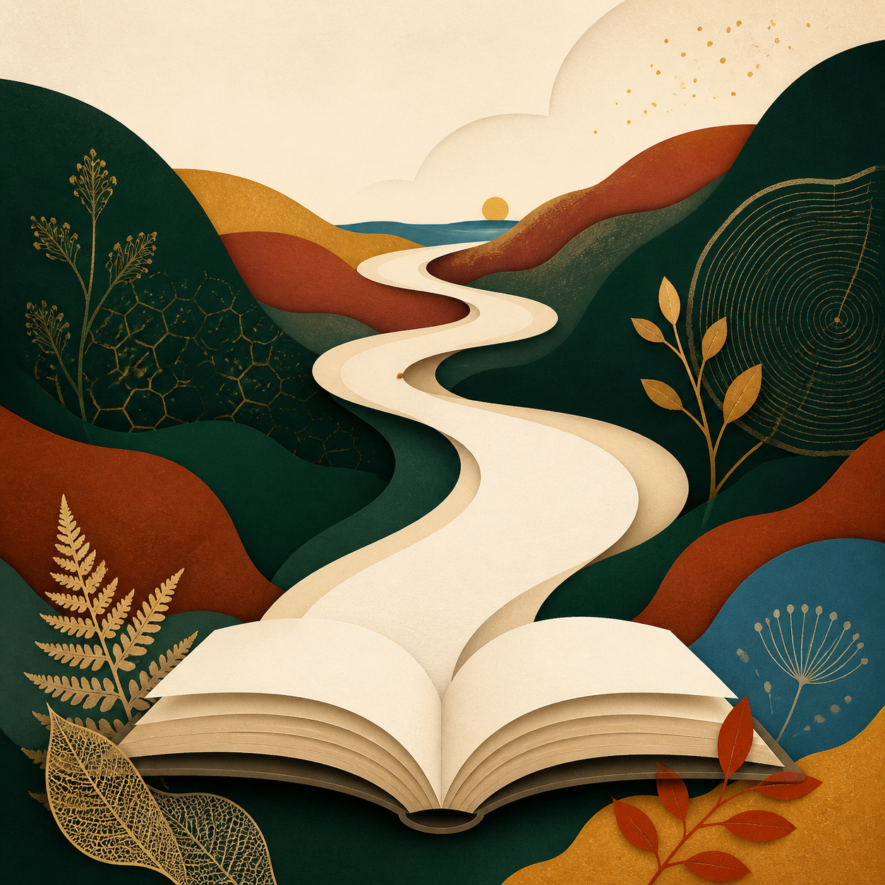 An open book becoming a winding path through a layered natural landscape